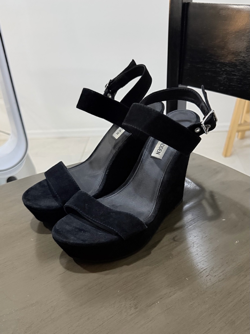 Steve Madden Paragon Black Suede Platform Wedge Sandals with Ankle Strap